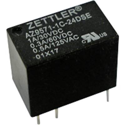 Black relay with the inscription 'Zettler AZ9571-1C-24DSE' and technical specifications, including current and voltage ratings.