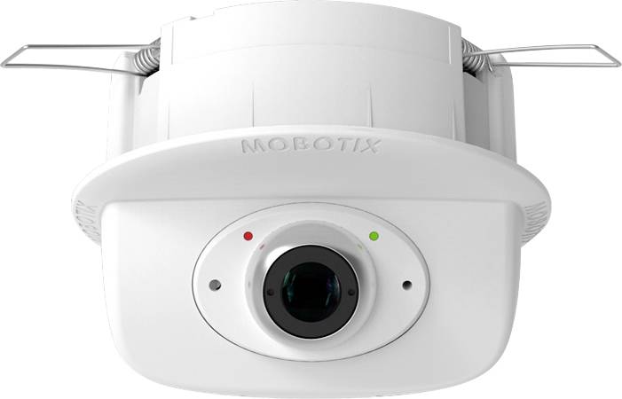 A white surveillance camera with lens focus. It has two small indicator lights, one green and one red, on top of the housing.