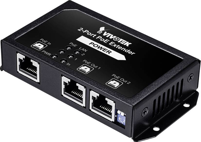 Black 2-Port PoE extender device with branded logo and connections for PoE in, LAN and two PoE out ports.