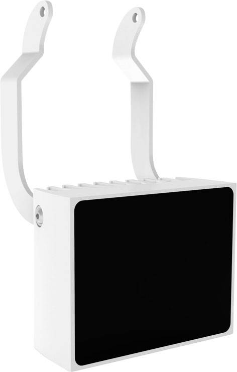 A white box with a black front, mounted on two curved brackets, possibly a technical device.
