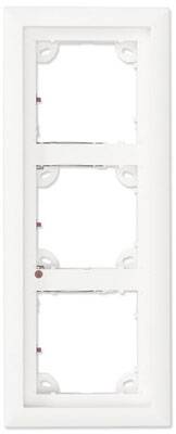 White, vertical, triple plastic socket frame mounting with openings for switches or sockets.