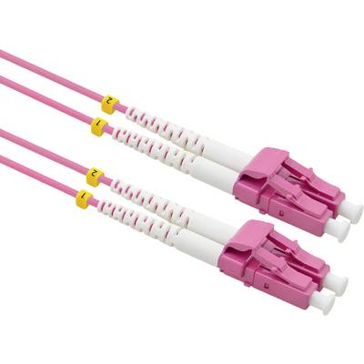 Two pink fibre optic cables with LC connectors, each numbered 1 and 2, on a white background.
