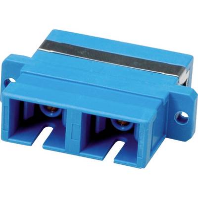 A blue, rectangular plastic housing with two connection openings and a silver stripe on top, for optical connection cables.