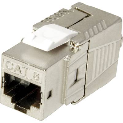 A silver CAT 8 network connector with a rectangular housing and white lever, suitable for high-speed data transmission.