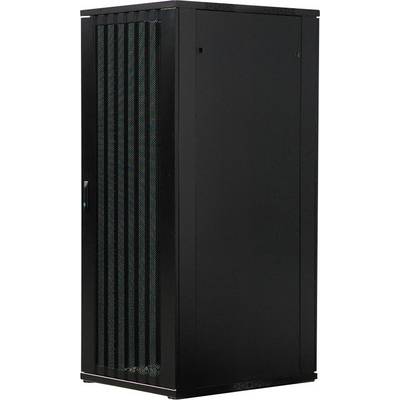 A black server cabinet, freestanding, with ventilation slots on the front, designed for storing and cooling computer hardware.