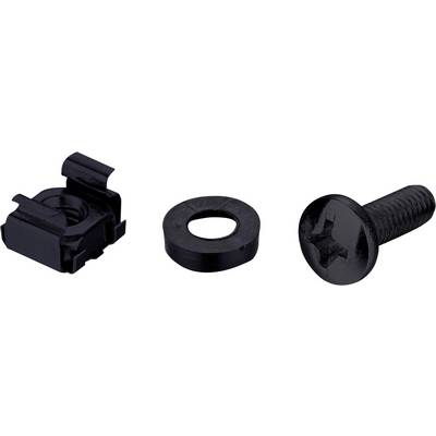 A black screw set comprising a screw, a washer, and a retaining clip.