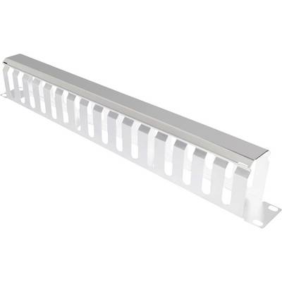 Metal cable management panel with open slotted openings for organised cable routing in network cabinets.
