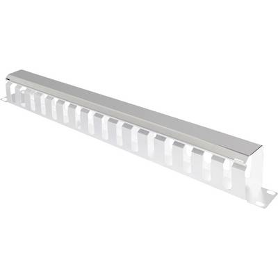 'Metal cable management assembly in silver, horizontally mountable, with multiple slots for cable routing.'