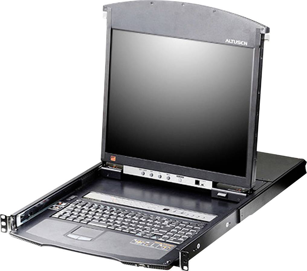 A portable KVM switch with a fold-out monitor and integrated keyboard. Device provides access to multiple servers.