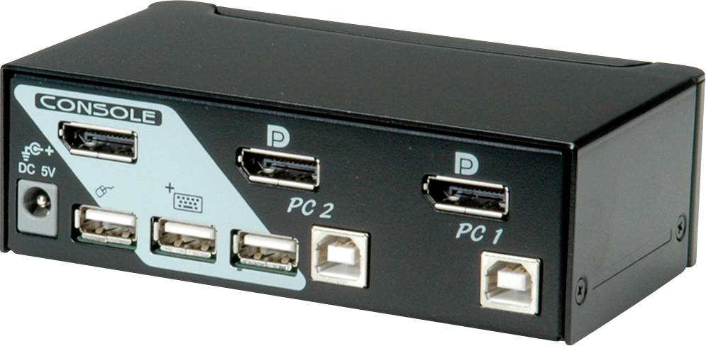 A KVM switch with connections for two PCs, including USB and HDMI ports, as well as a power socket on the left side.
