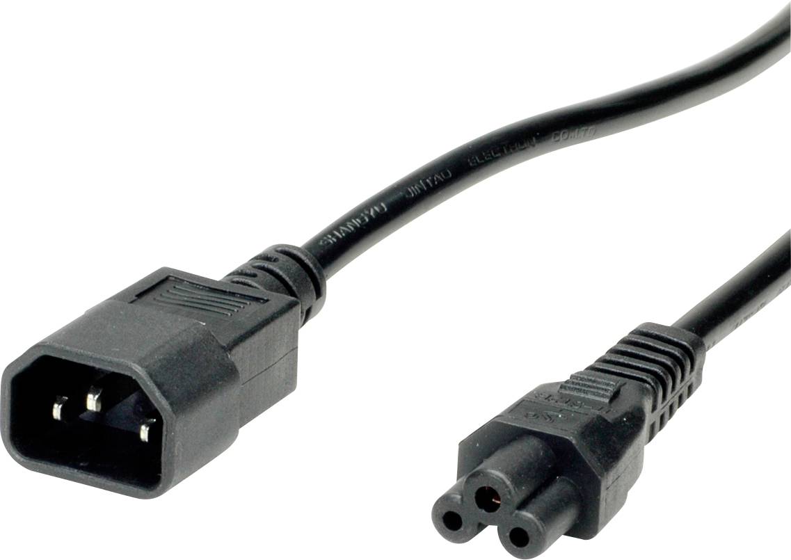 A black network cable with two different plugs. On the left, a square plug, on the right, a round three-pin plug.