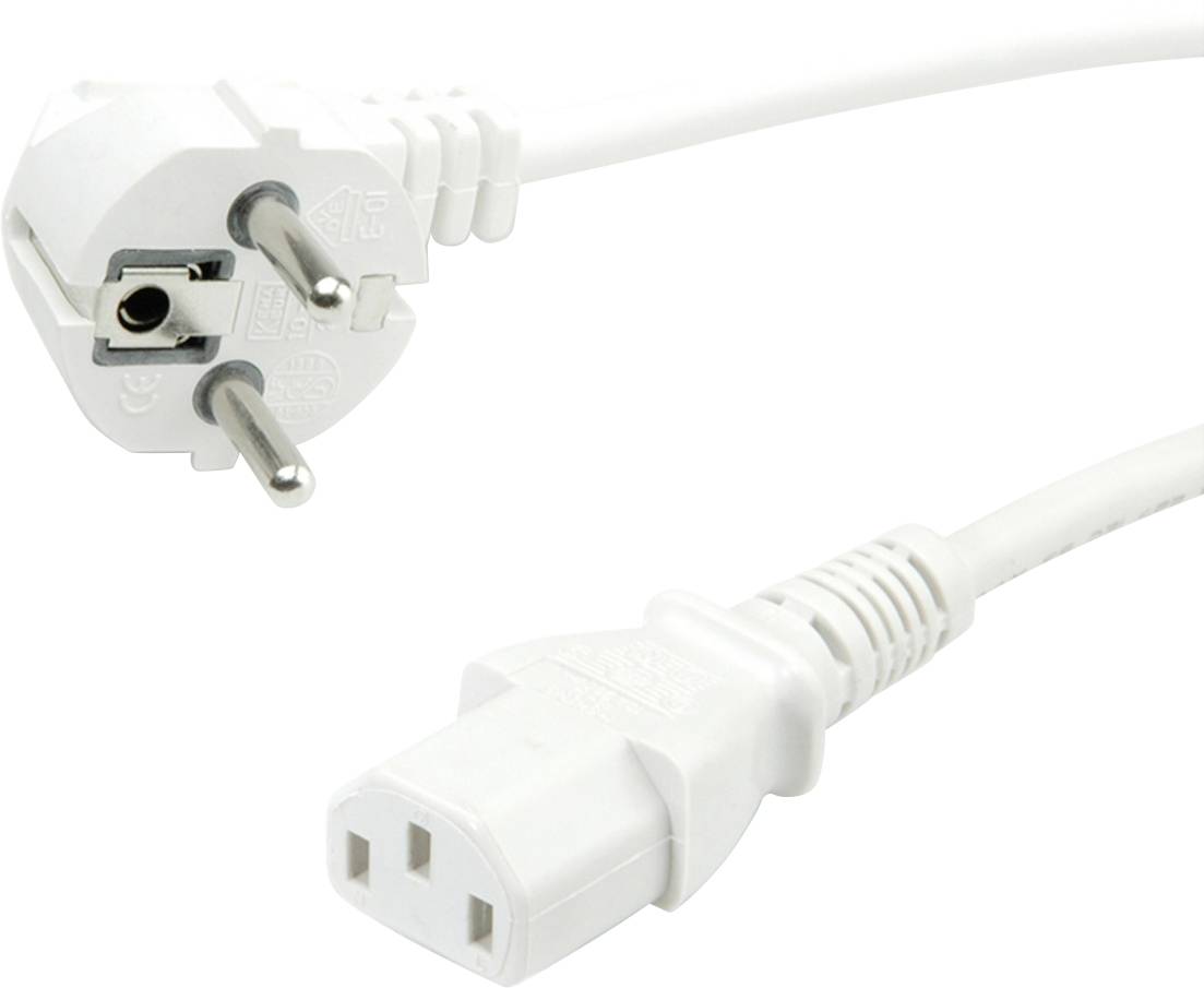 In the picture, there is a white power cable with a European plug and a C13 device socket.