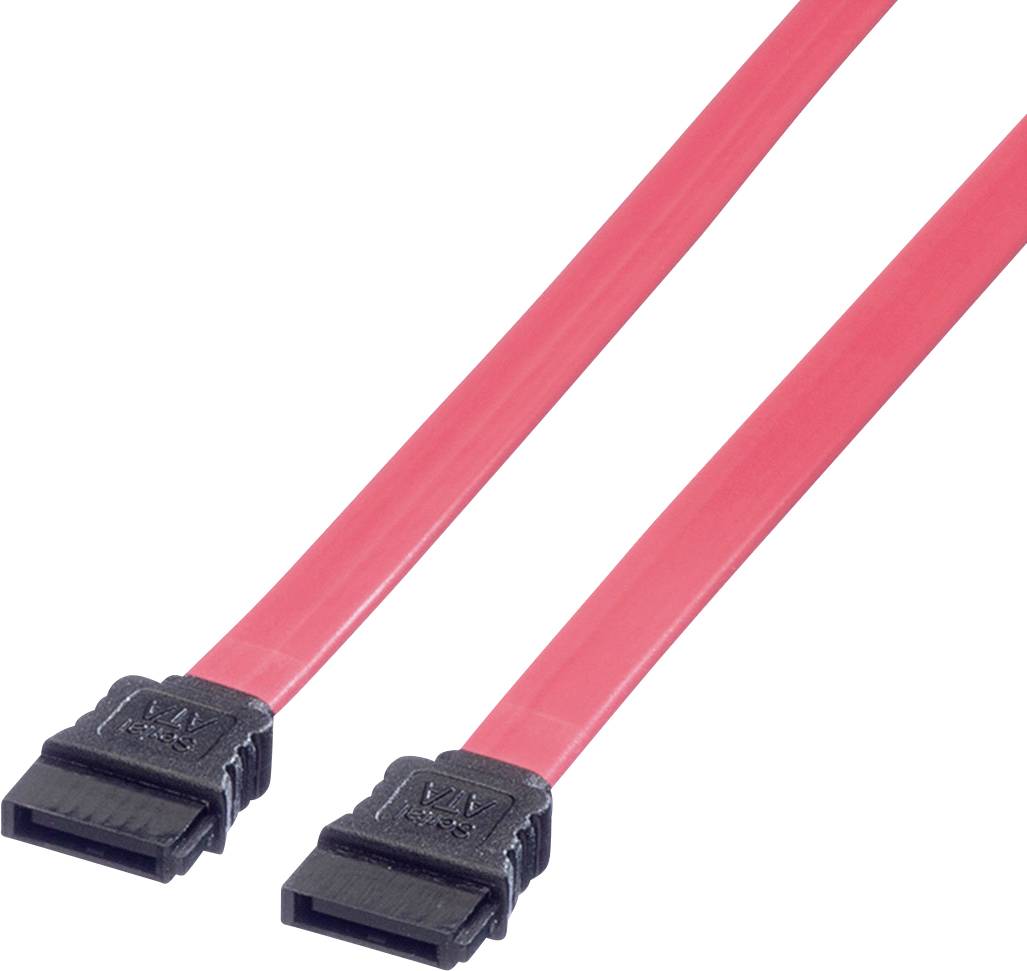 Two red SATA cables with black connectors, used for connecting internal drives to motherboards in computers.