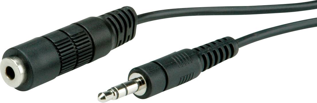 A 3.5 mm audio cable with a male jack plug and a female socket. Commonly used for connecting audio devices.
