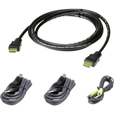 An HDMI cable, two USB cables and an audio cable with two green plugs on a white background.