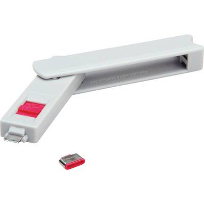 A grey test strip tool with a red slider, a small metal strip is positioned in front of it.