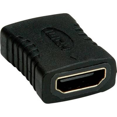 A black HDMI coupling adapter with HDMI ports on both sides. Used to connect two HDMI cables.