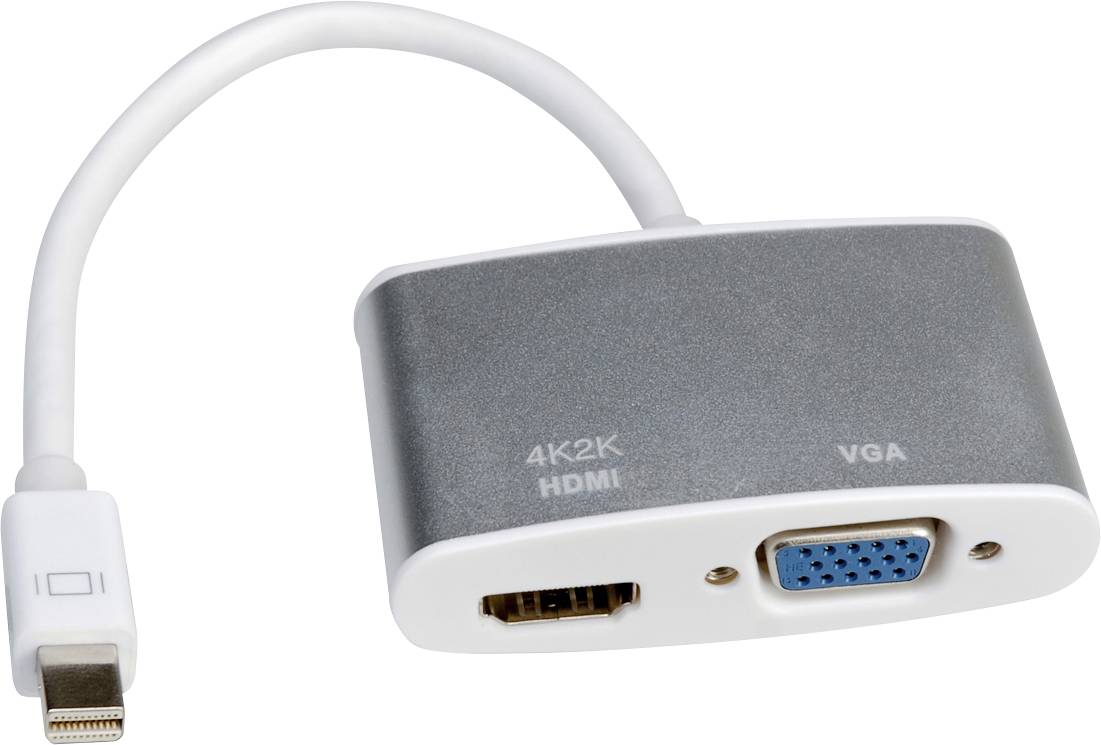 An adapter with an HDMI and a VGA port, along with a Mini DisplayPort plug.
