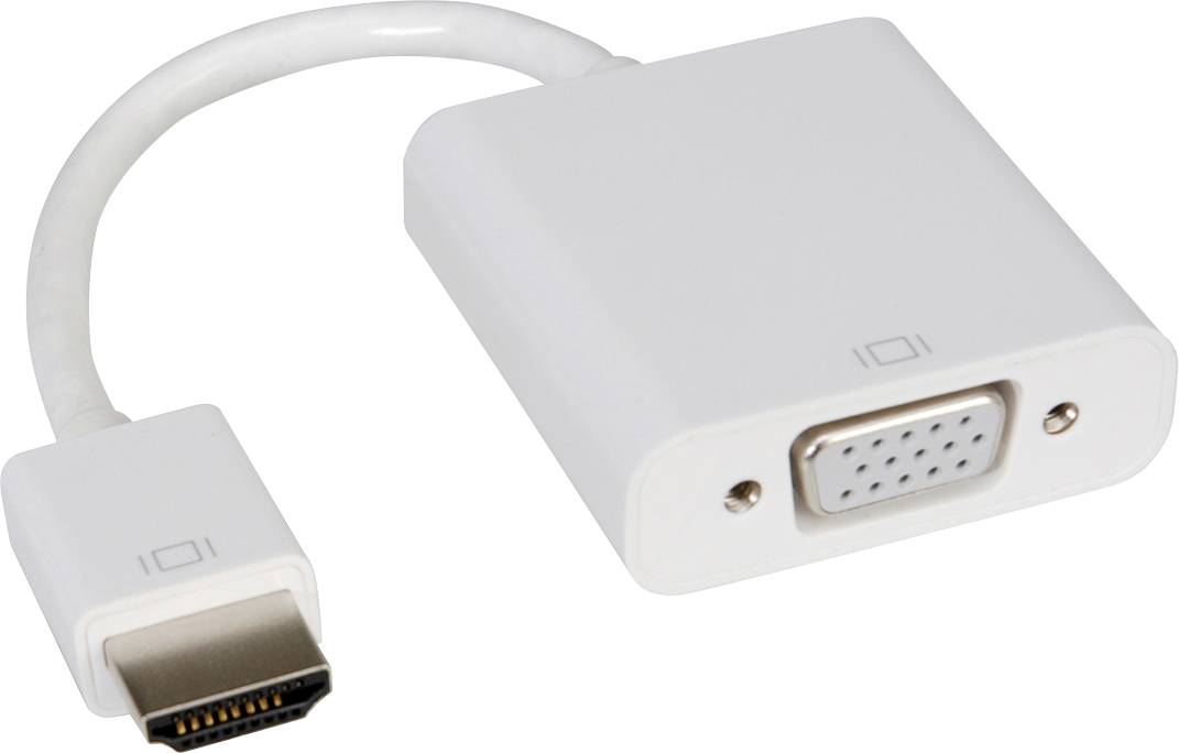 A white adapter with an HDMI plug to VGA socket, suitable for connecting devices with different ports.