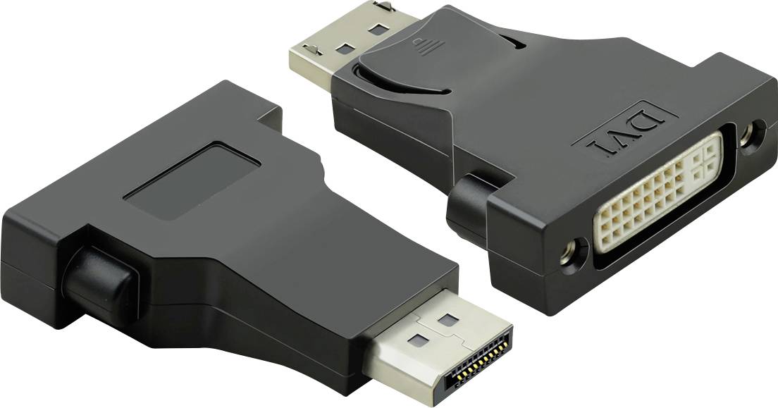 'Black adapter with DisplayPort plug and DVI socket, suitable for connecting computers to monitors or projectors.'