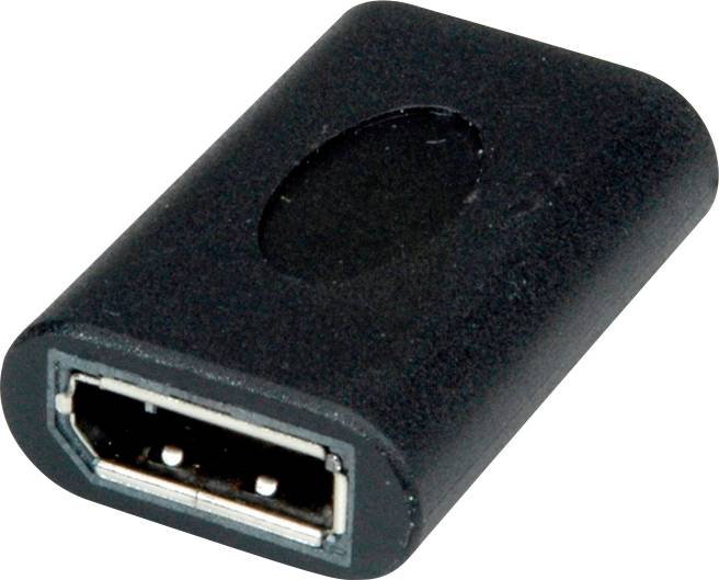 A black DisplayPort adapter for connecting cables, compact and rectangular in shape.