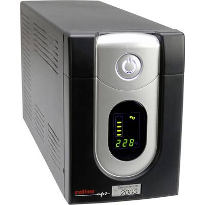 Black uninterruptible power supply (UPS) with digital display, showing 228 volts. Main switch at the top, red and green LEDs. Brand name at bottom left.