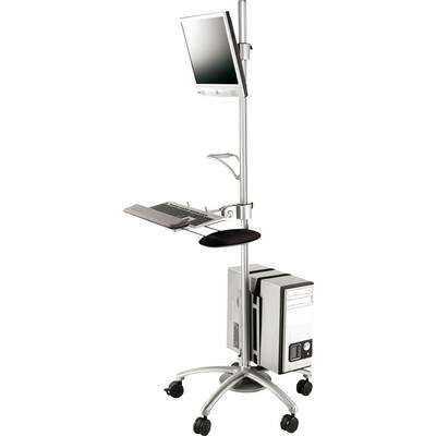 'Mobile computer trolley with screen. Equipped with keyboard tray, CPU mounting bracket and castors for easy movement.'