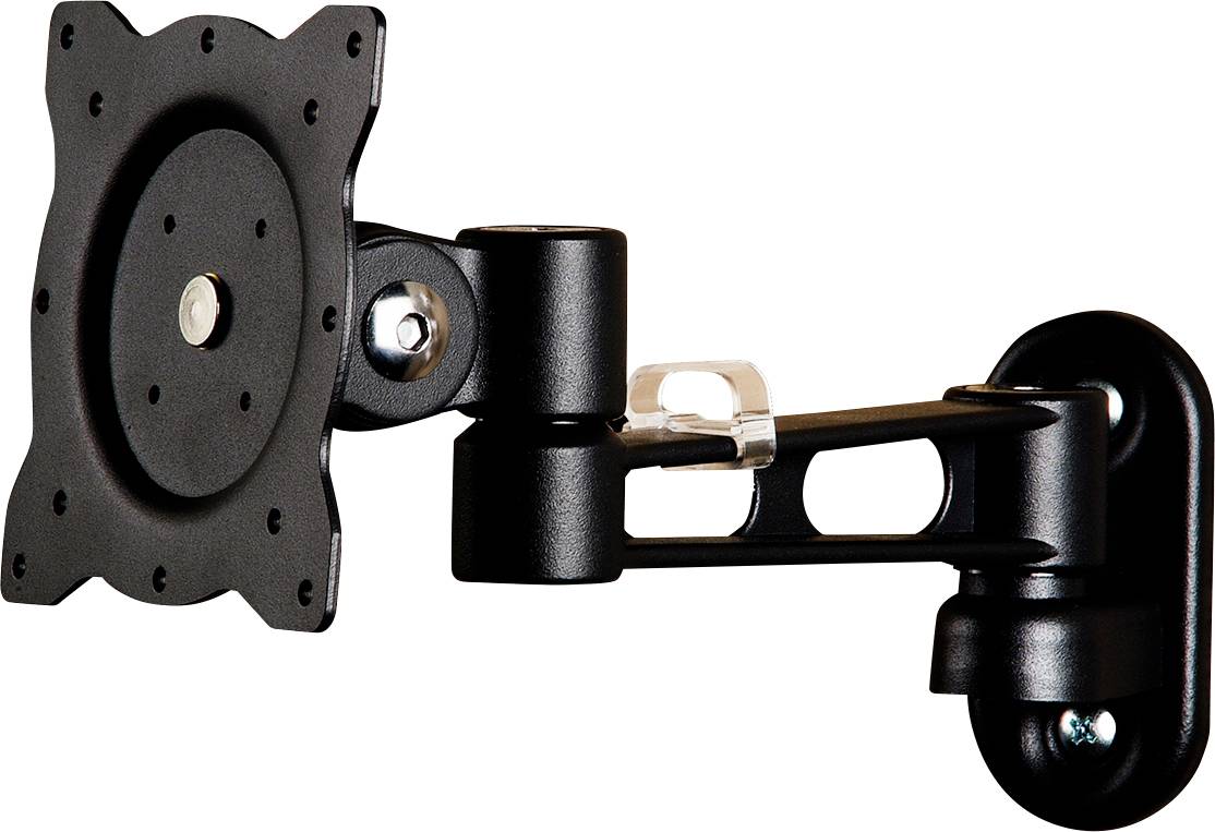 Black, swivel metal TV or monitor wall mount, suitable for various screen sizes, with flexible joints.