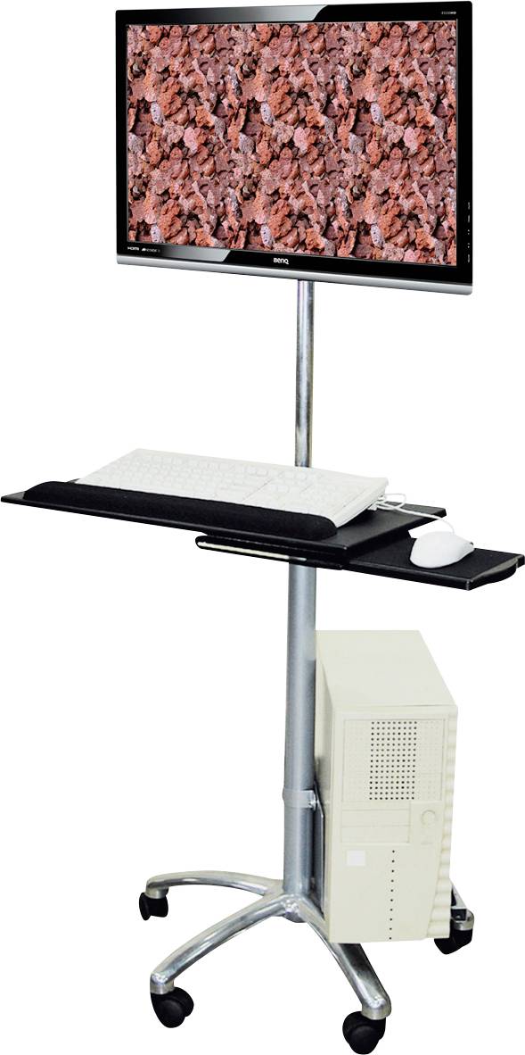 A mobile computer desk with a screen and keyboard, mounted on a wheeled stand. The screen displays a pattern of red leaves.