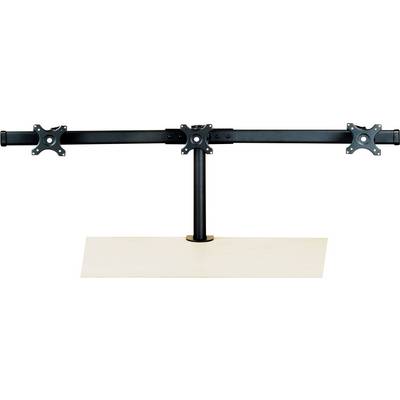 'Dual monitor mounting arm, black, mounted on a wooden desk. Enables flexible positioning and height adjustment of the screens.'