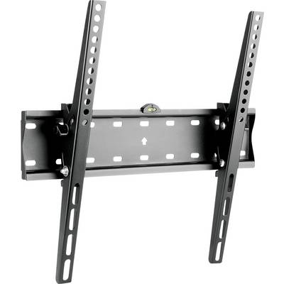 Wall mounting bracket for a television; tilting design with multiple fixing holes and spirit level for precise alignment.