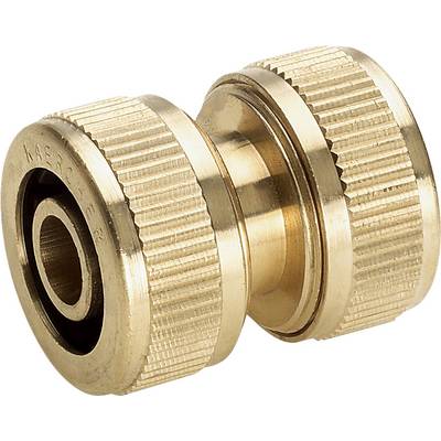 A brass hose connector with ribbed edges for secure hose connection, commonly used in garden applications.