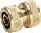 A brass hose connector with ribbed edges for secure hose connection, commonly used in garden applications.
