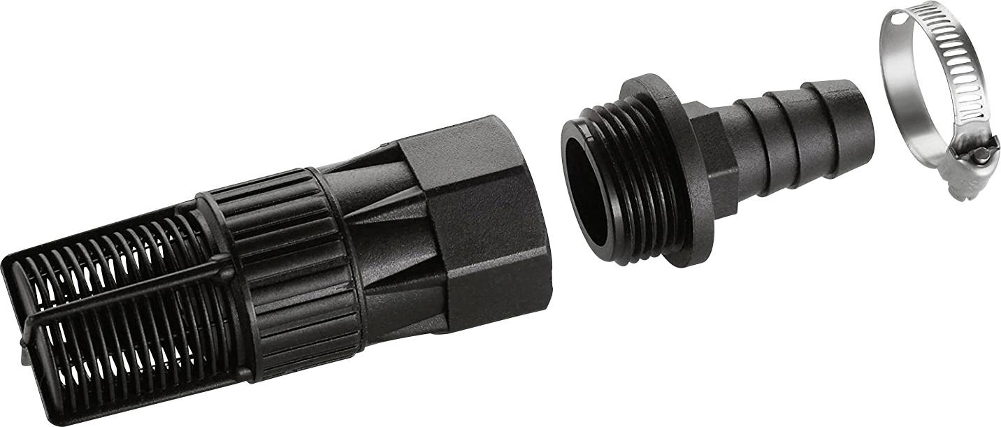 Plastic connector, consisting of a sieve, a hose nozzle and a hose clamp, in disassembled condition.