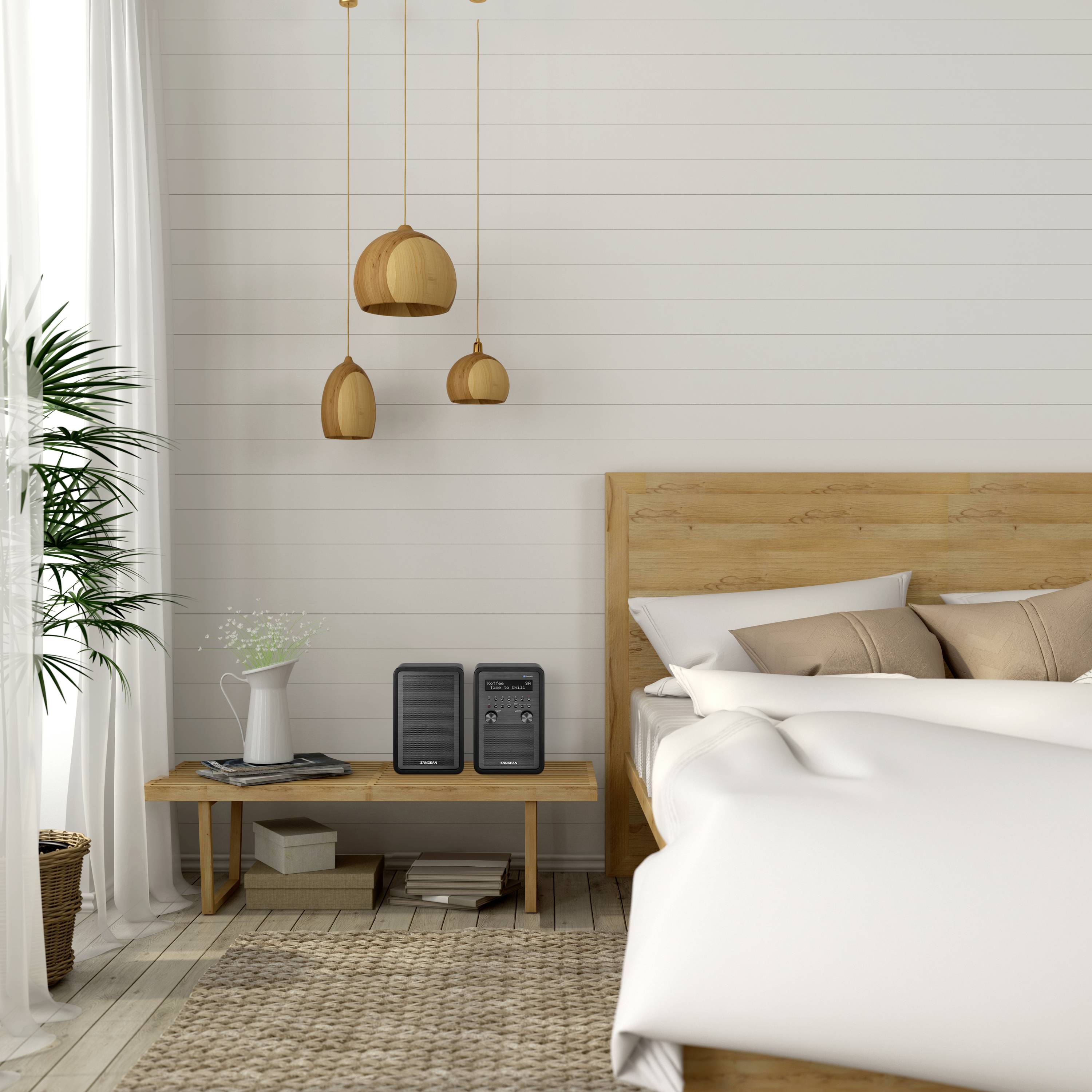 Bedroom with wooden details: Double bed with white pillows, wooden bedside table, plants, hanging lamps, calm atmosphere.