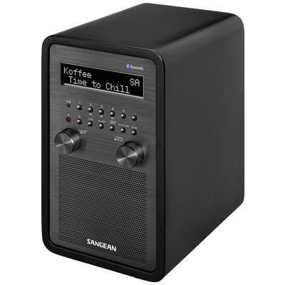 Digital radio with display reading 'Koffee Time to Chill', with two speakers and rotary controls on the front; Bluetooth-enabled.