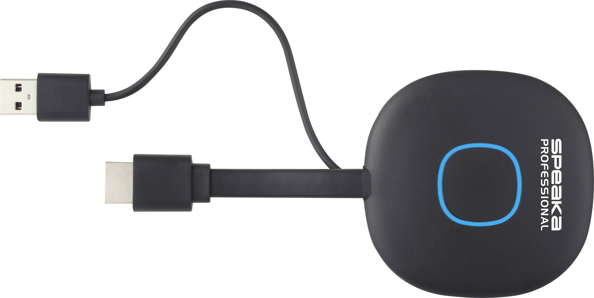 A black HDMI wireless adapter with a USB port and a blue-accented LED button. 'speaka PROFESSIONAL' printed on the surface.