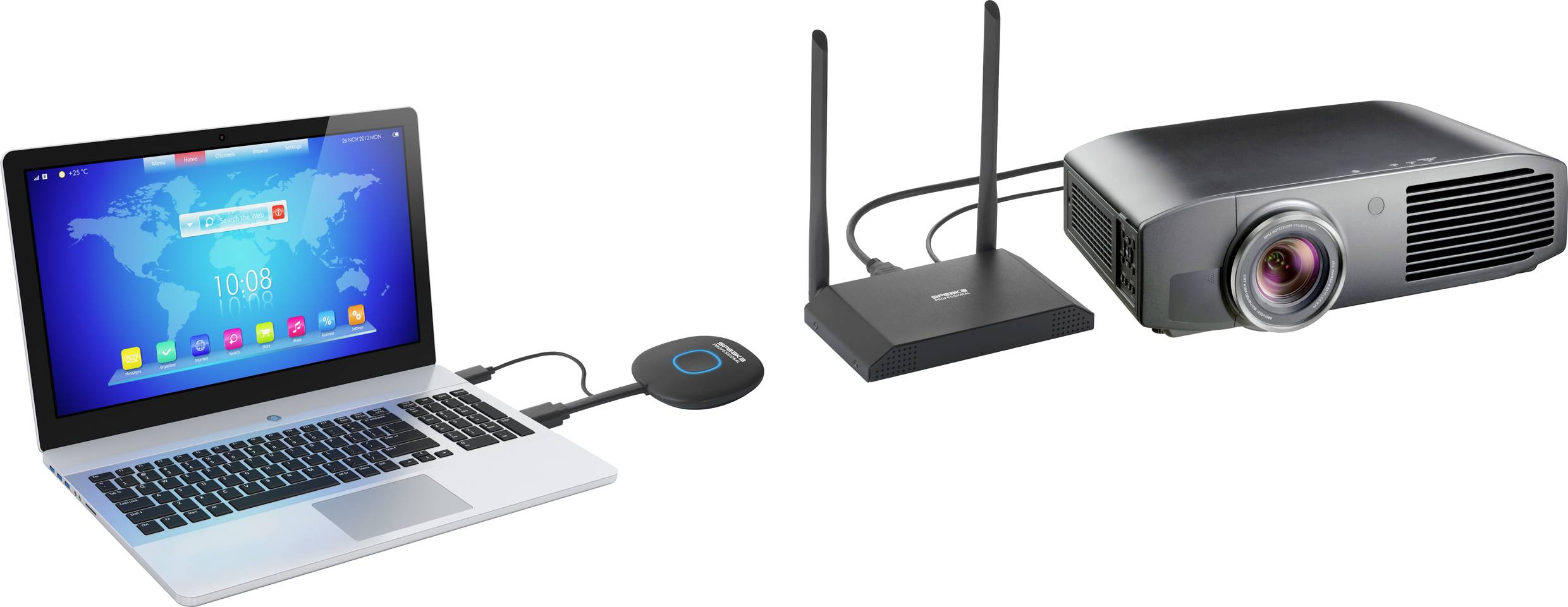 A laptop, a wireless presentation dongle, a router and a projector are connected to each other and ready for the presentation.