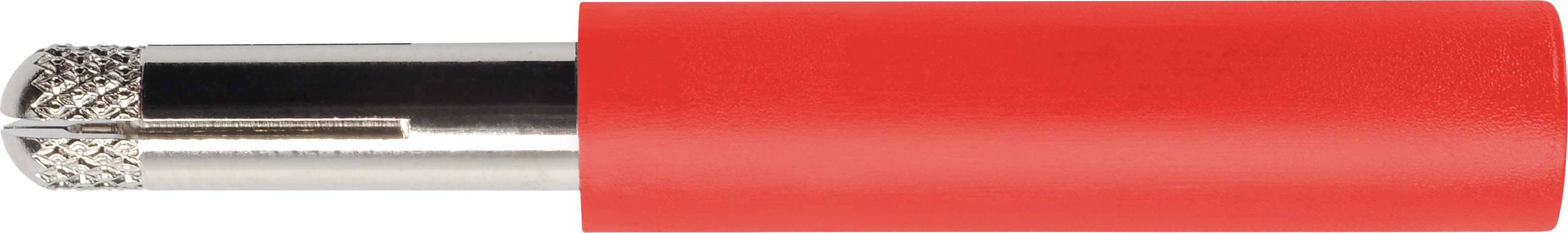 A metallic drill bit with a red handle, positioned sideways.