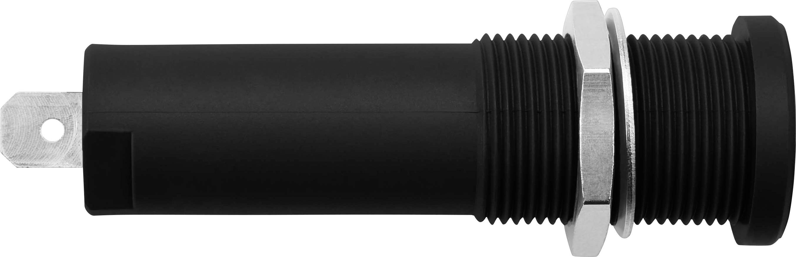 'Long, black cylindrical plug with metal fixing, side view, suitable for electrical applications.'