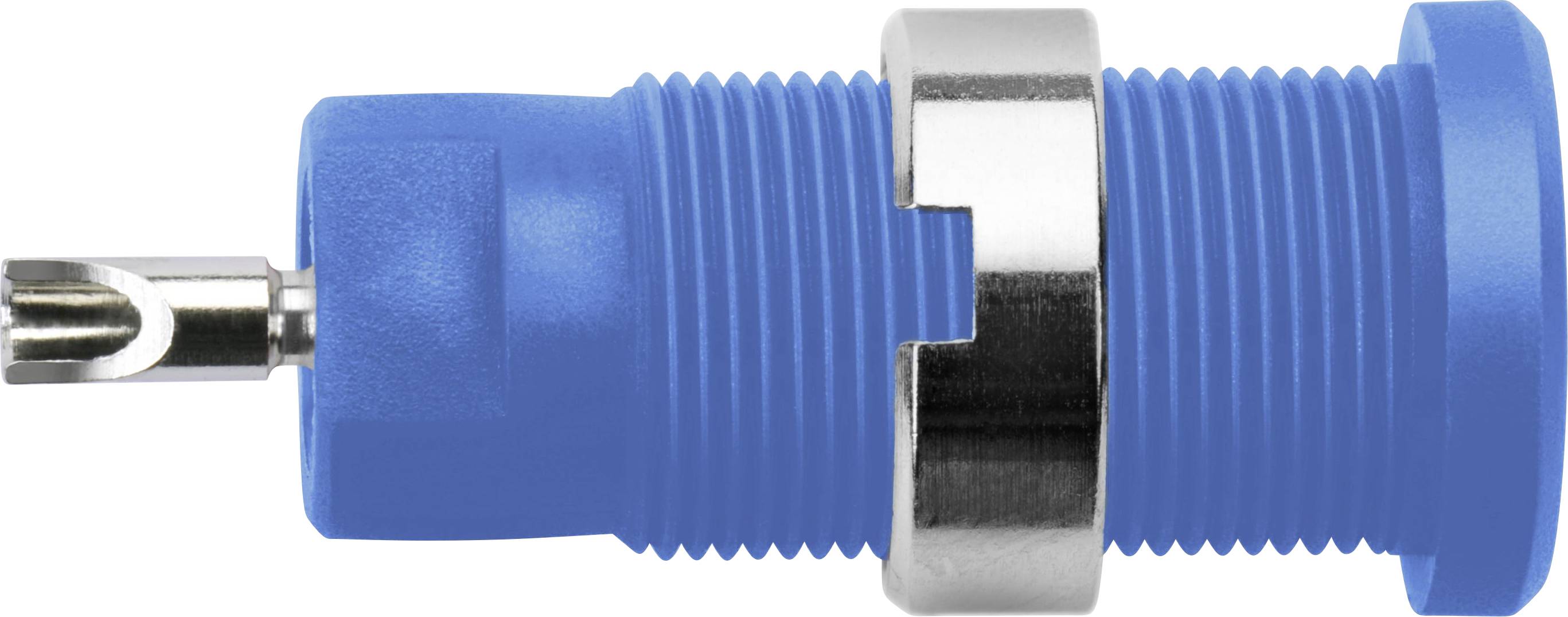 A blue coaxial plug with a metal ring, side view, showing the socket and the knurled casing.