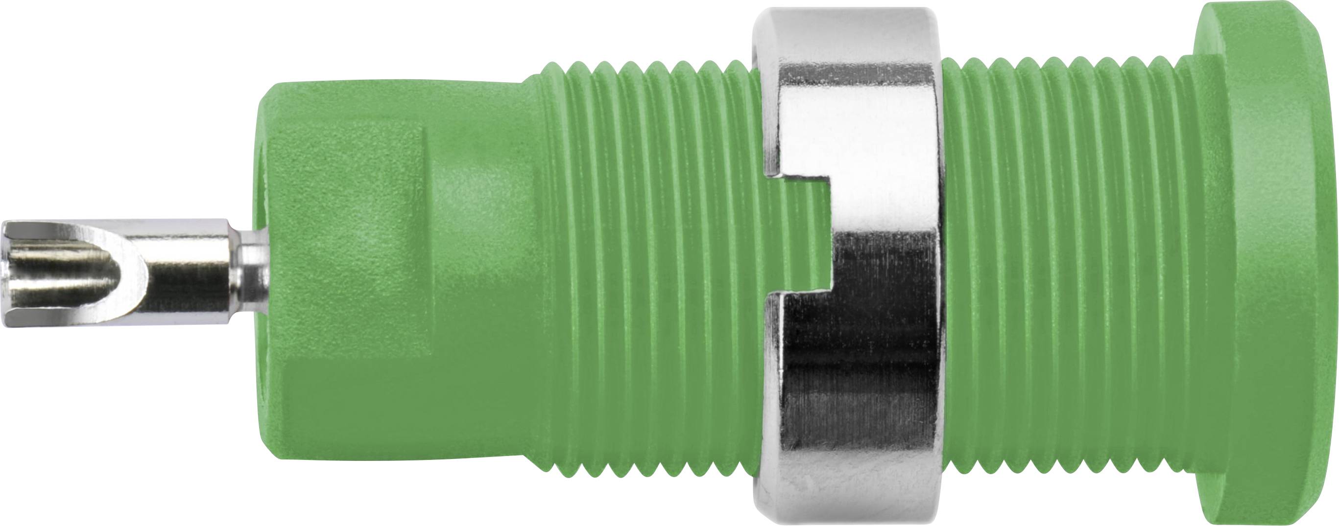 A green T-piece of an SMA connector with a metal cap, for use in coaxial cable systems for signal transmission.