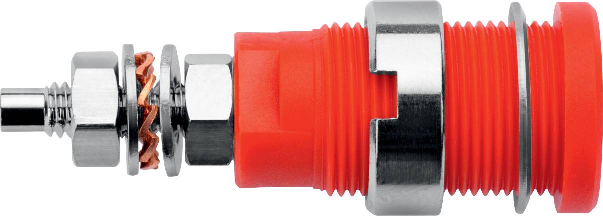 Red industrial component, consisting of a plastic housing and metal rings. It could be part of a mechanical or electrical device.
