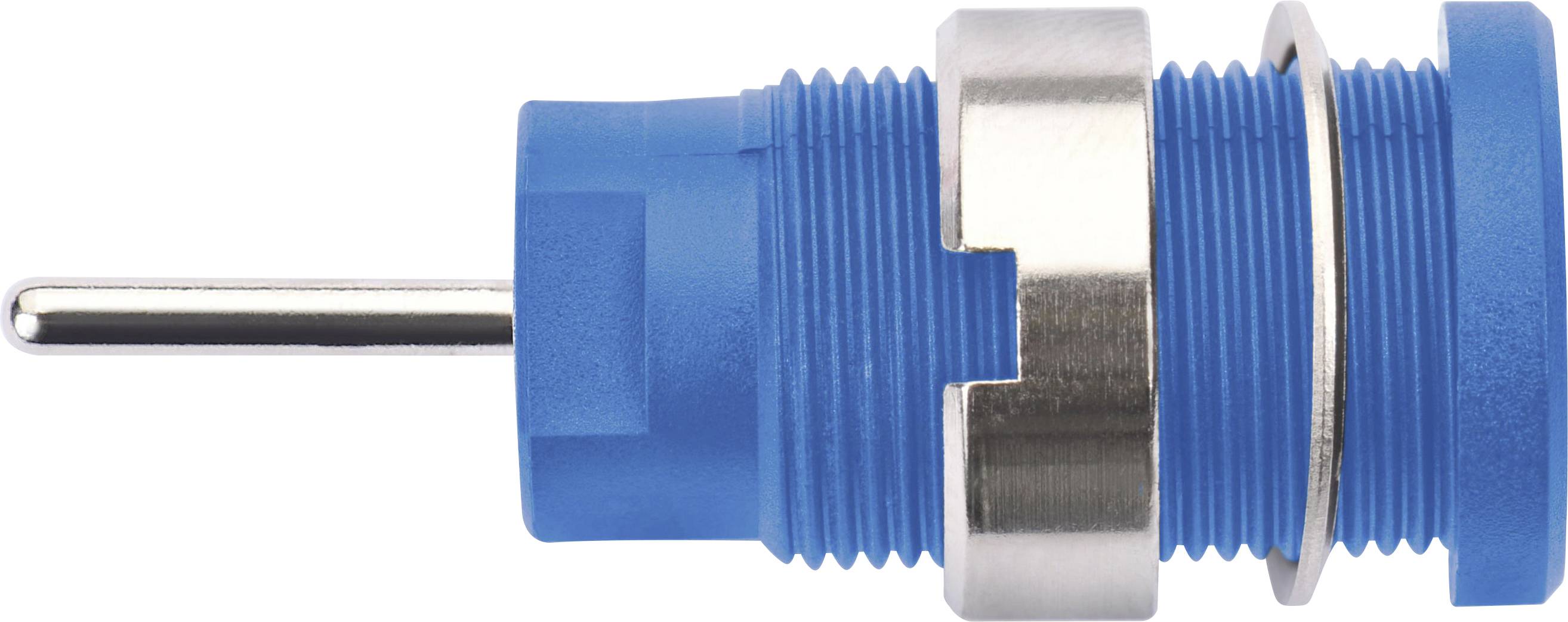 Blue rounded electrical plug with a metal tip and silver threaded ring, photographed from the side.