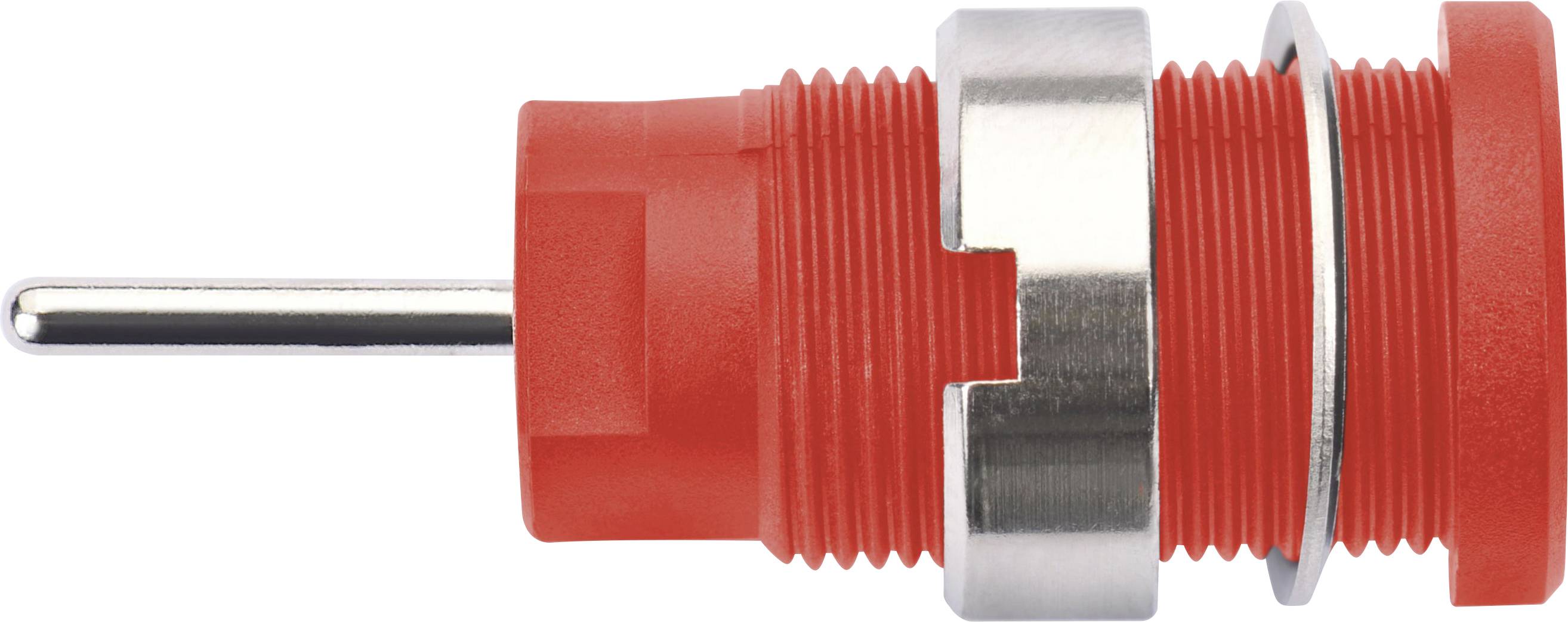 Red socket with silver detail, horizontally aligned. Used for electrical connection in various devices.