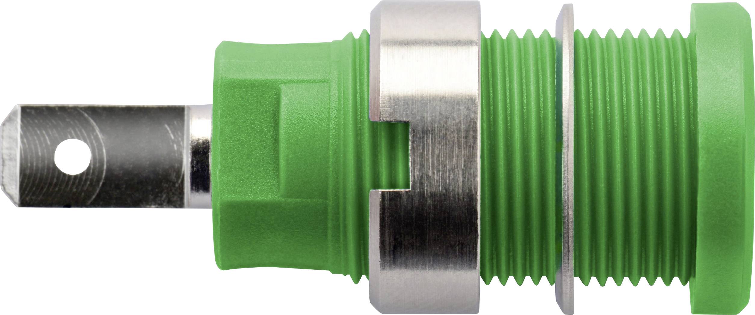 A green fuse holder with a metal construction, positioned sideways, shows the insertion part and a hole for mounting.