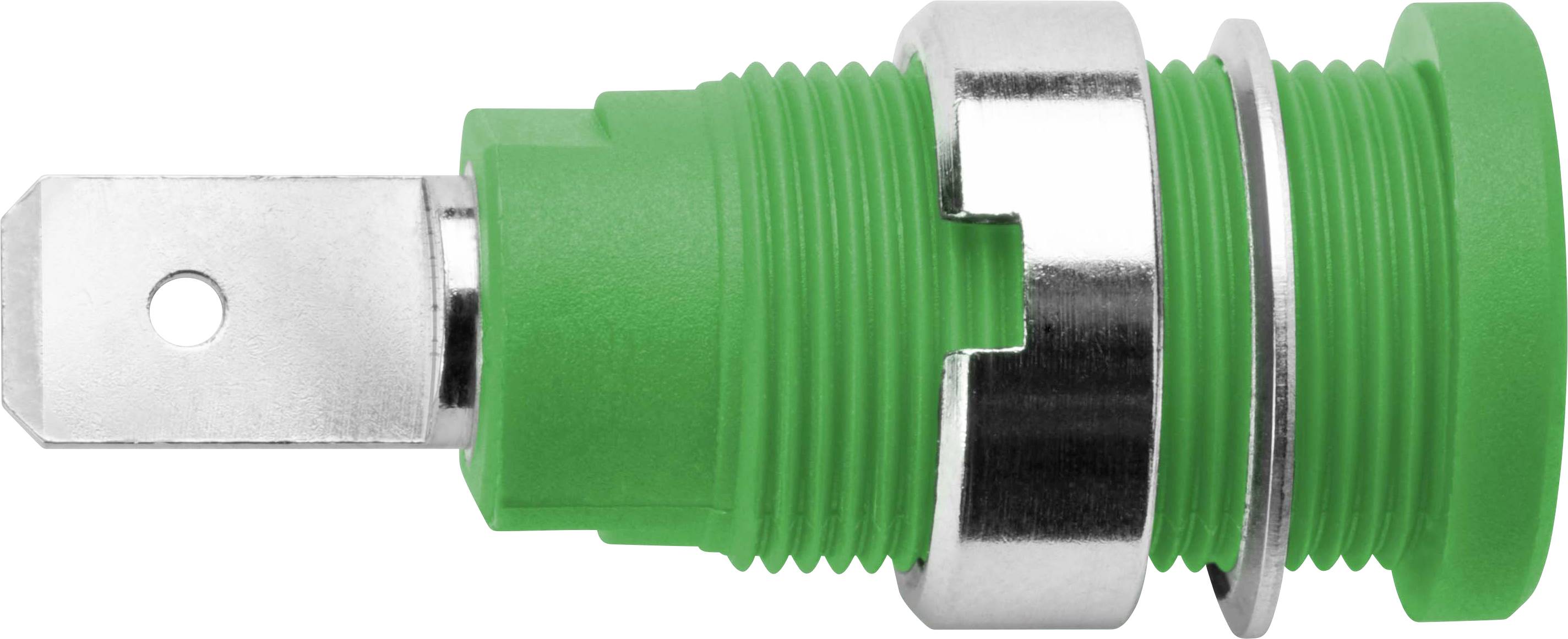 A green electrical plug with a metal clip and screw fastening, side view.