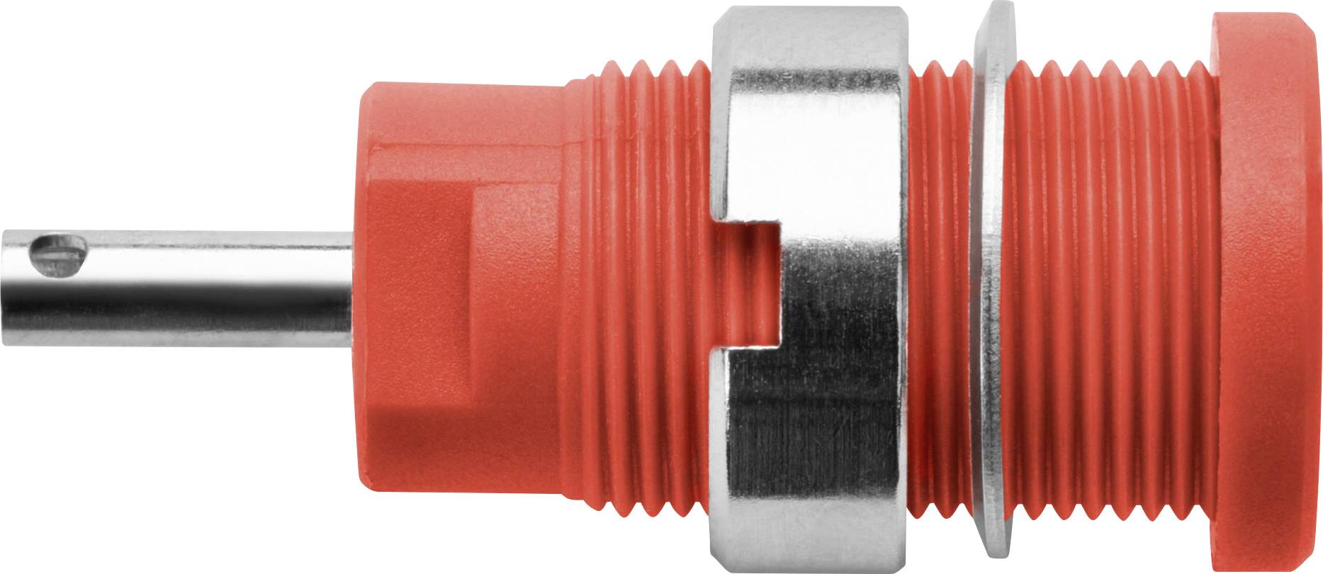 Red, cylindrical metal connector with thread and metal sleeve, suitable for electrical or mechanical applications.