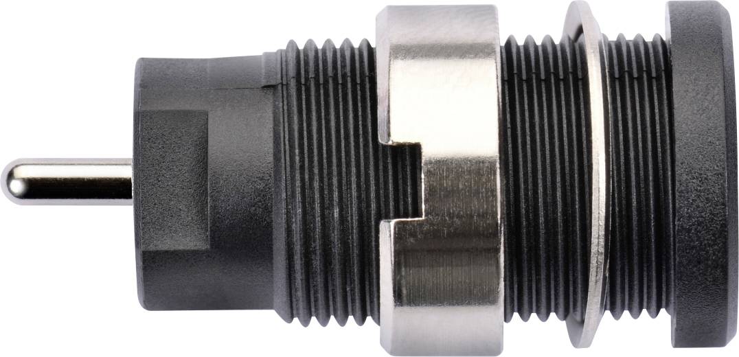 'Male DC plug with metal threading, black plastic body and vertical metal pin, side view.'