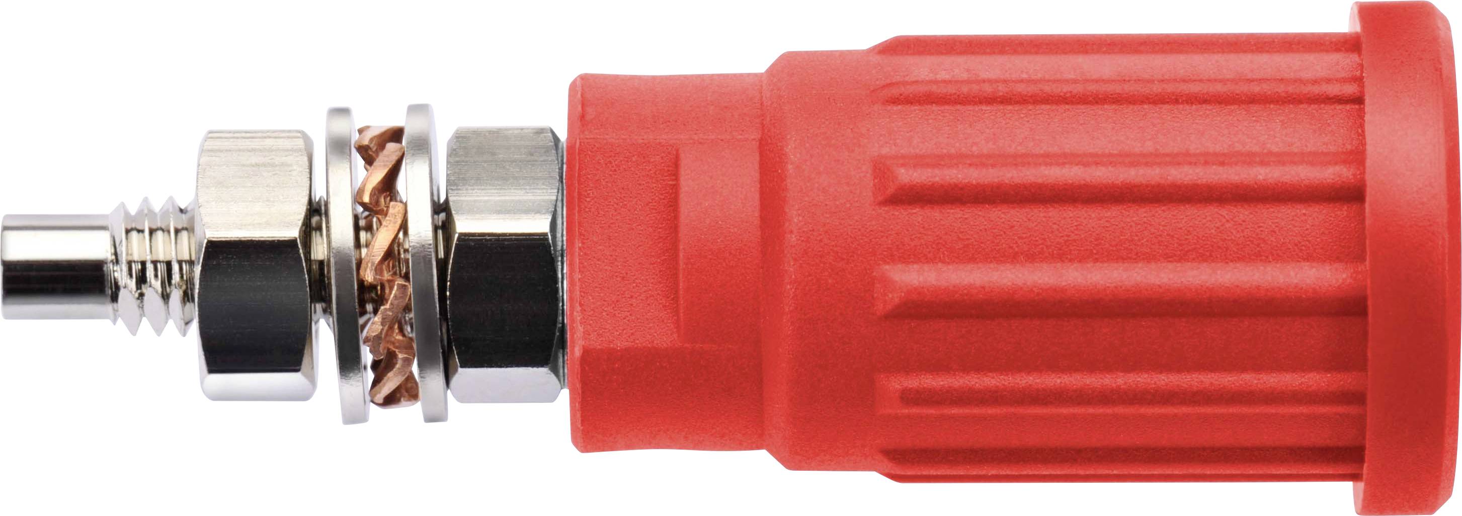 Red screw connection with metallic components, side view.